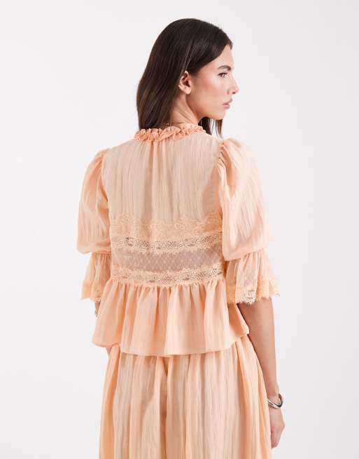Free People forever young bed shirt in peach co-ord, 4 of 4