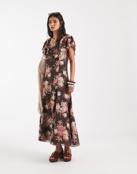 Free People forsythia ruffle sleeve boho maxi dress in pink brown floral