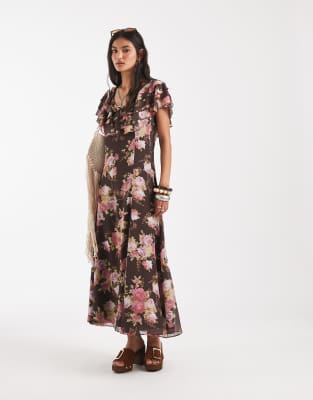 Free People Forsythia Ruffle Sleeve Boho Maxi Dress In Black