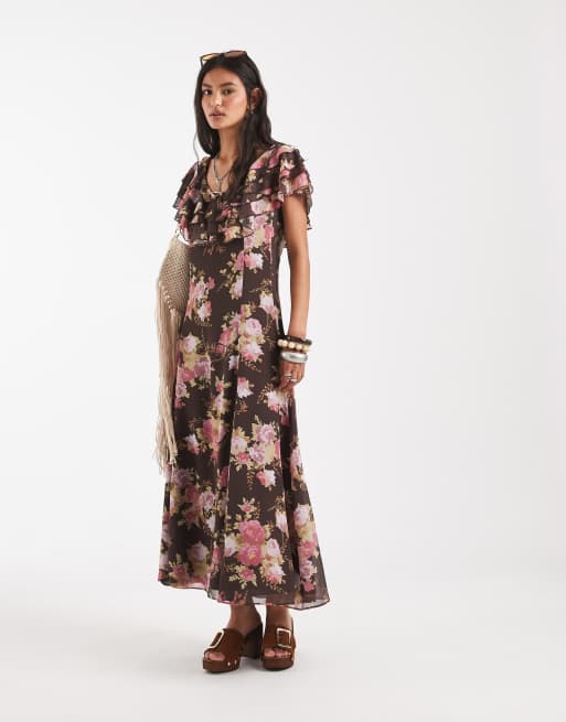 Free People forsythia ruffle sleeve boho maxi dress in pink brown floral