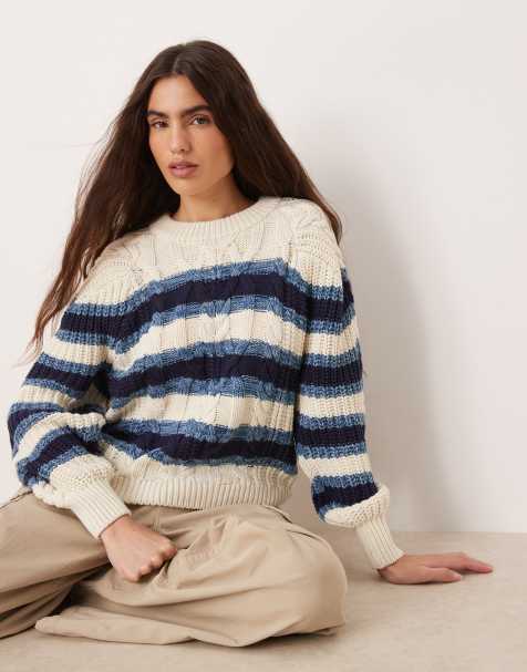 Free People frankie pullover knit jumper in ivory blue stripe - view 1