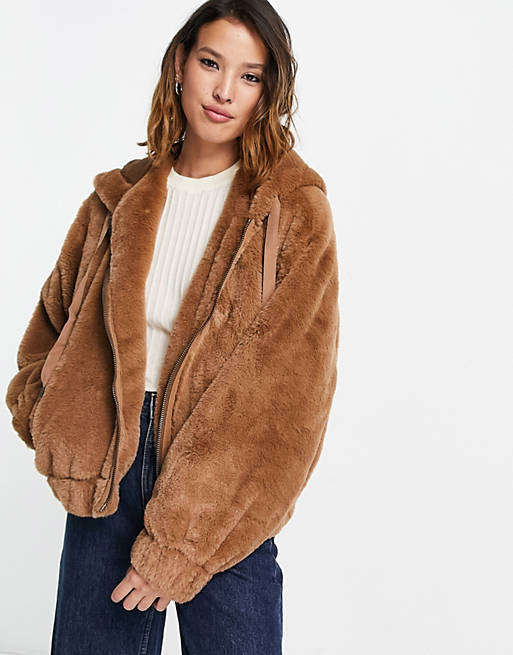 Free People Freya hooded faux fur jacket in brown