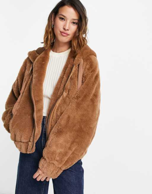 Free People Freya hooded faux fur jacket in brown ASOS