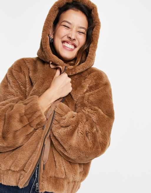 Free People Freya hooded faux fur jacket in brown