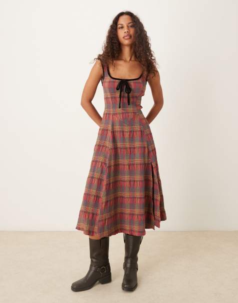 Free People Freya plaid midi strap dress in cherry combo - view 1