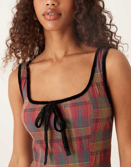 Free People freya plaid midi strap dress in cherry combo | ASOS