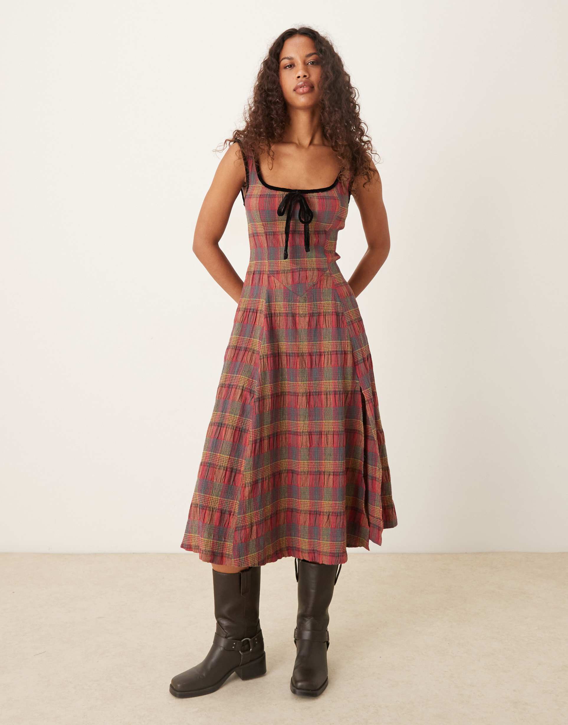free people freya strappy midi dress in cherry plaid combo