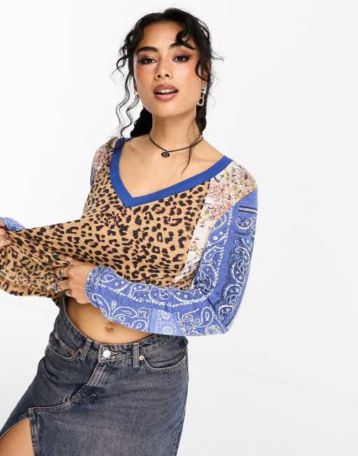 Generic Thermal V Neck Leopard Print Tops Women Boho Crop Top Full Sleeve Shirts  Women Work