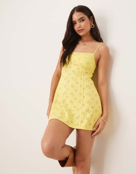 Free People – Full Bloom – Banangul, pointellestickad slipklänning i minilängd - view 1