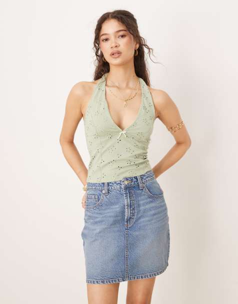 Free People - Full Bloom - Top allacciato al collo verde traforato - view 1