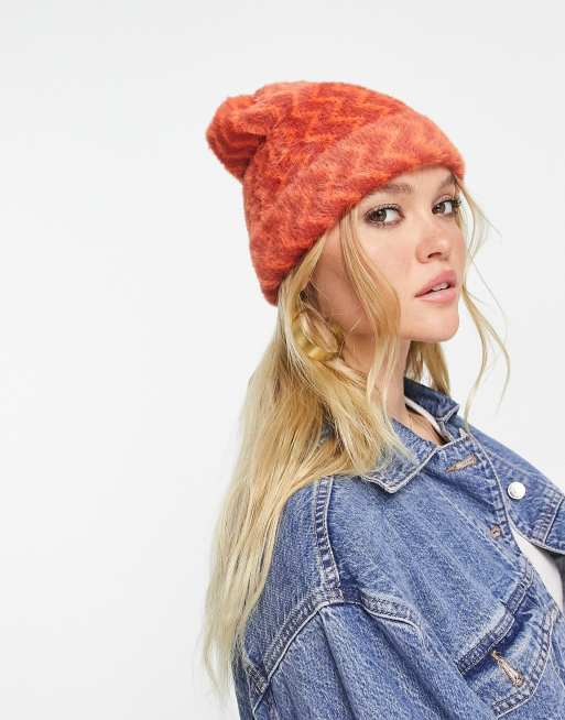 Free People fuzzy chevron beanie hat in orange