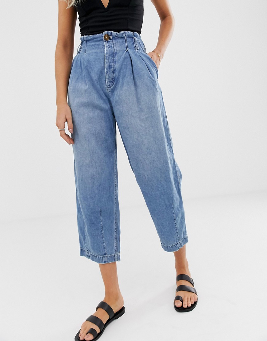 Free People - Geplooide smaltoelopende jeans met hoge taille-Blauw