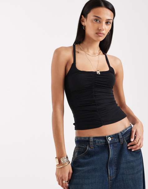 Free People – Gerafftes Camisole-Oberteil in schimmerndem Schwarz - view 1