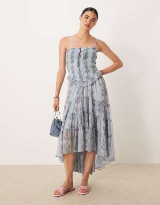Free People - Gerimpelde midi-jurk met ruches in zachtblauwe combo - view 1