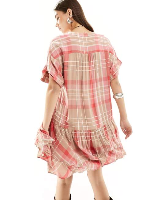 Free People - Geruite aangerimpelde mini-jurk in roze, 4 van 4