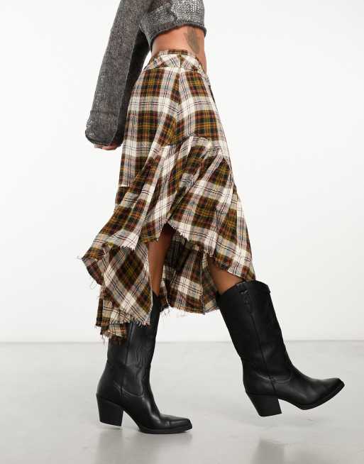 Free People - Geruite asymmetrische midi rok in bruin, 4 van 4