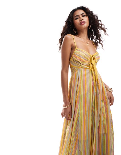 Free People – Gestreiftes Camisole-Maxikleid aus Popeline in Gelb-Bunt, 3 von 4