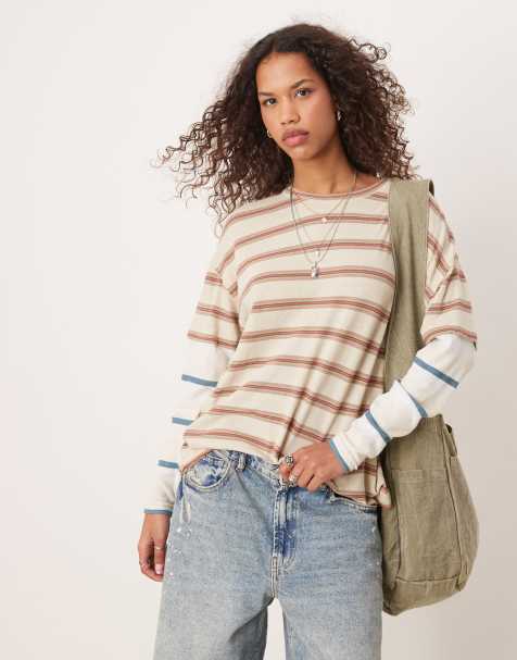 Free People – Gestreiftes, langärmliges Oversize-Shirt in Neutral - view 1