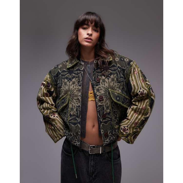 Free People giving joy printed quilted jacket in emerald | ASOS