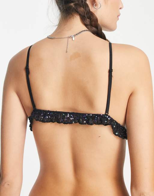 Sexy Gold Sequin Strappy Black Bralette Comfy Sparkly Festival Tie