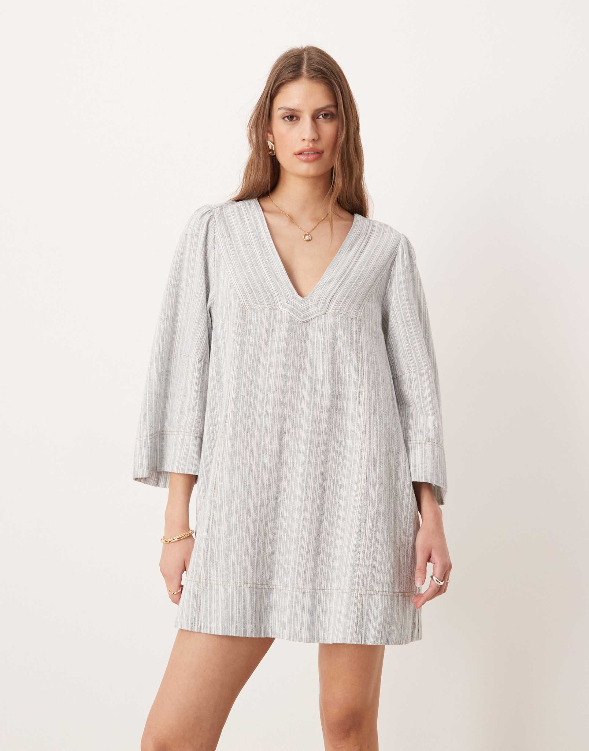 free people goldie v neck smock mini dress in indigo combo
