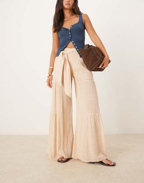 Free People good day wide leg tie detail trousers in light tan