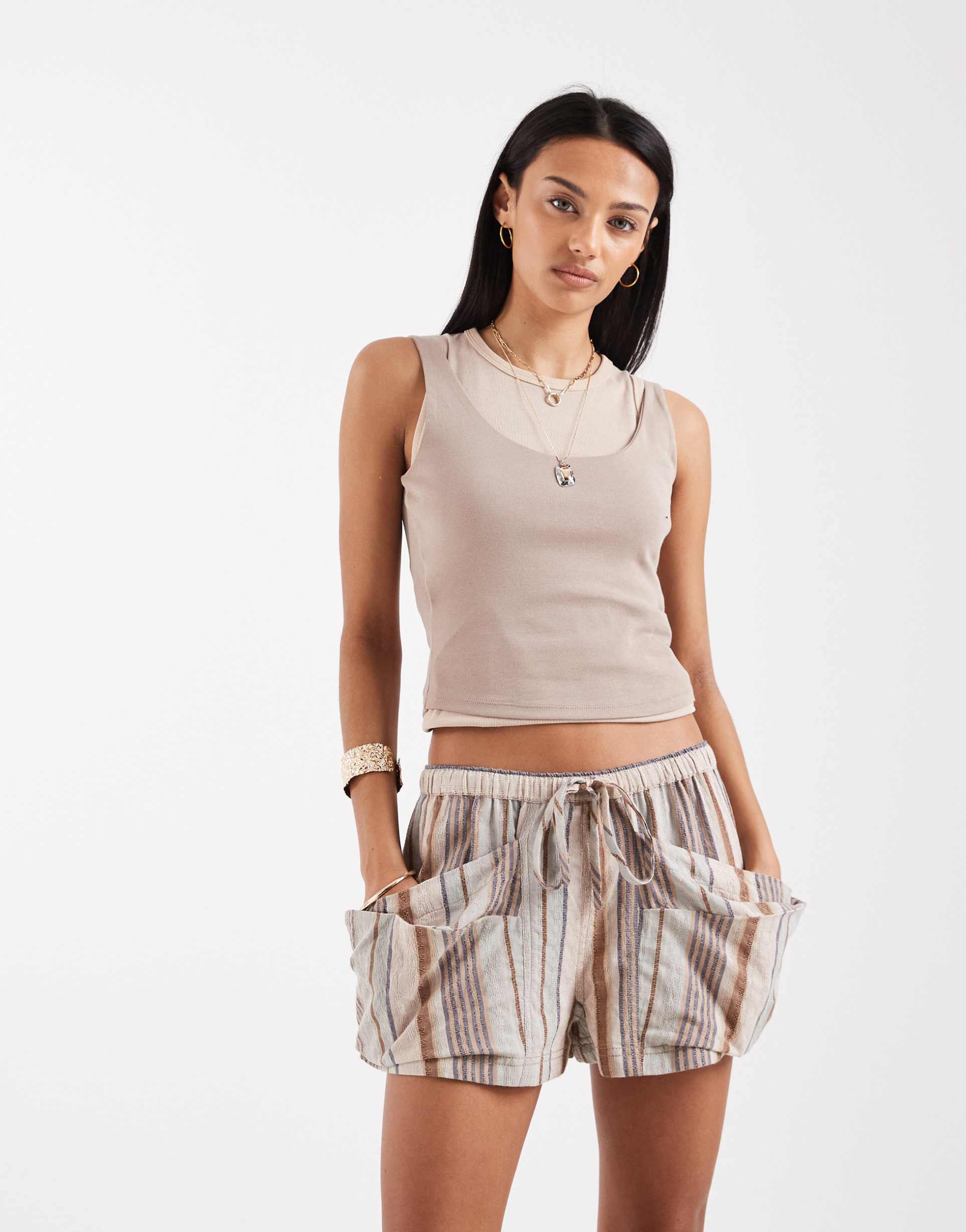 free people good fortune striped shorts in washed blue combo