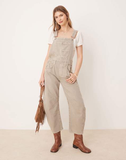 Free People good luck barrel leg denim overalls in cobblestone gray - view 1