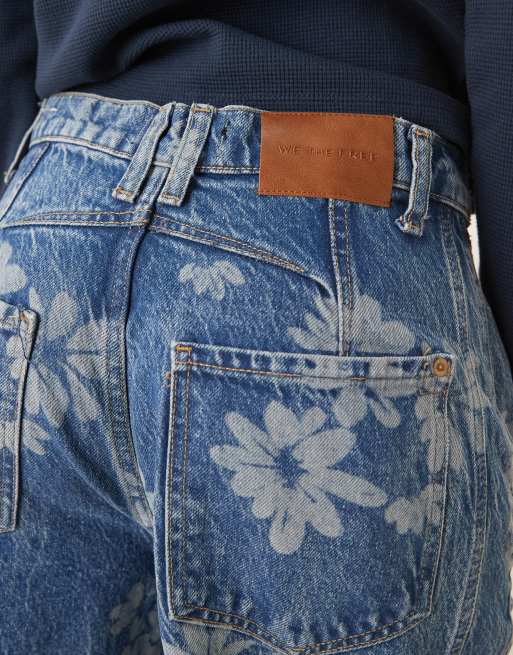 Free People - Good Luck - Blå jeans i mellemvask med tøndeformede ben og print, 5 af 5