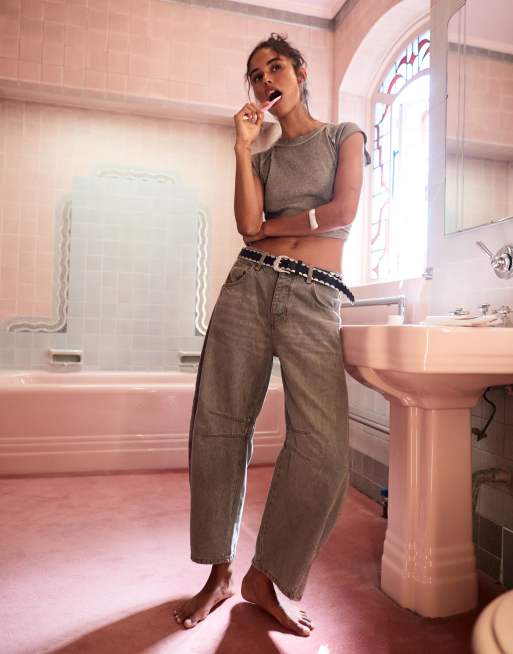 Free People - Good Luck - Jeans met halfhoge taille en ronde rechte pijpen in valkgrijs