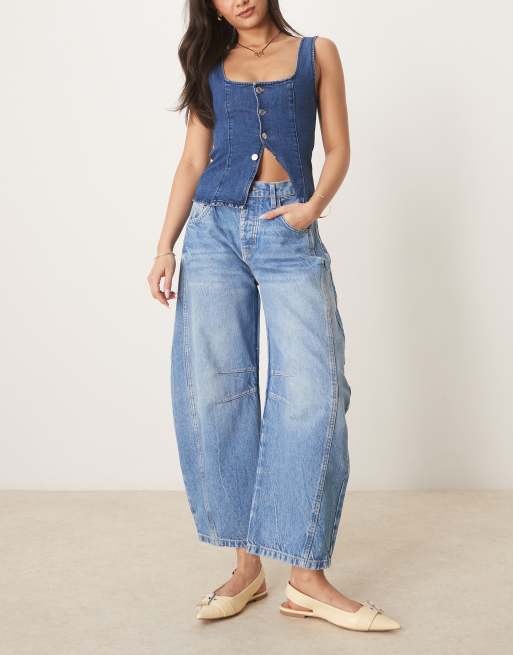Free People - Good Luck - Jeans met wijde ronde pijpen en halfhoge taille in lichtblauw
