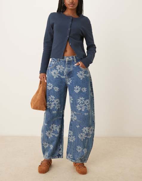 Free People Good Luck printed barrel leg jeans in mid wash blue - view 1
