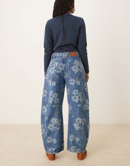Free People good luck printed barrel leg jeans in mid wash blue, 4 of 5