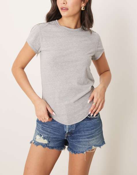 Free People – Grå, kort t-shirt med rund halsringning - view 1