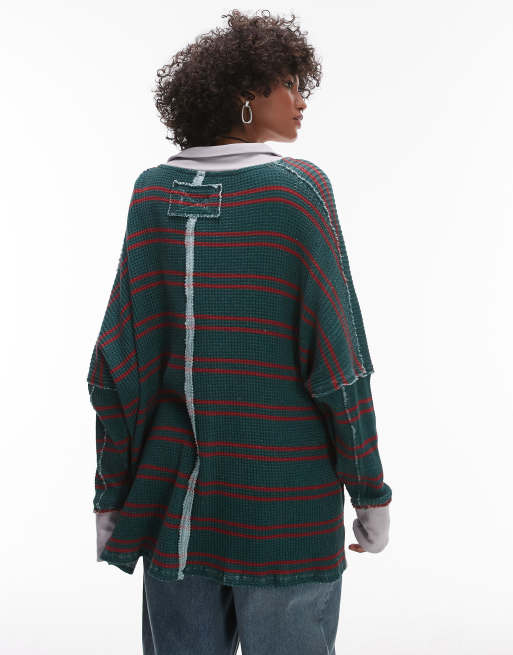 Free People – Grön rugbytröja med randig design och pikékrage, 2 av 4