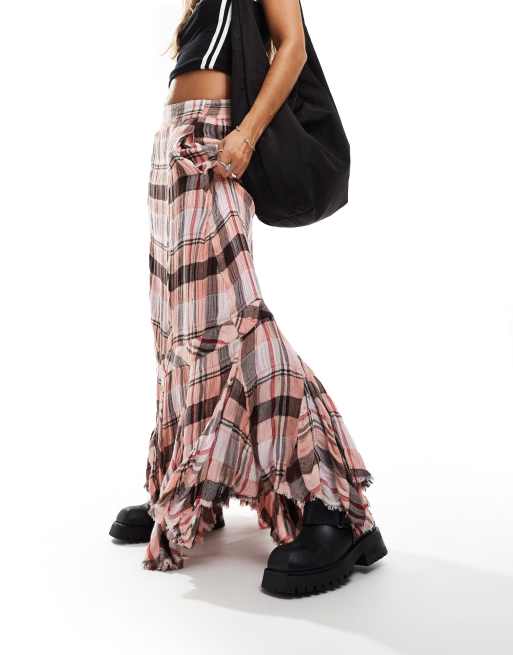 Free People grunge plaid maxi skirt in pink multi