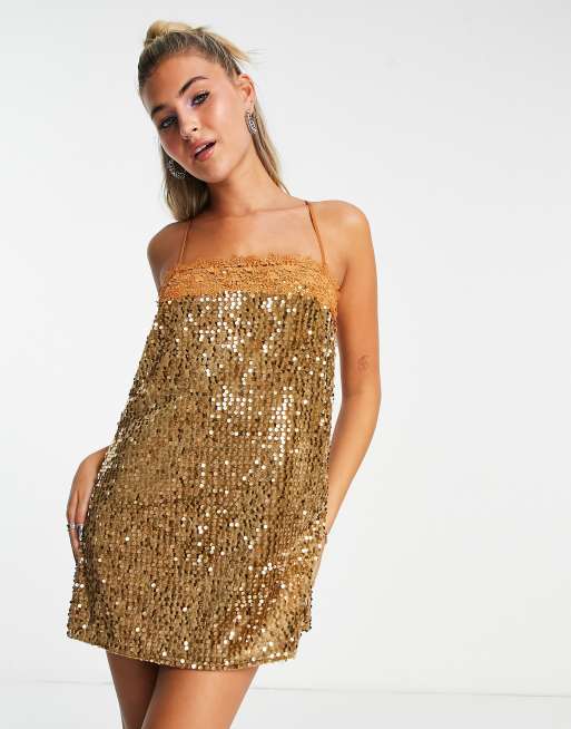 Free People - Guldfarvet minikjole med pailletter , 2 af 4