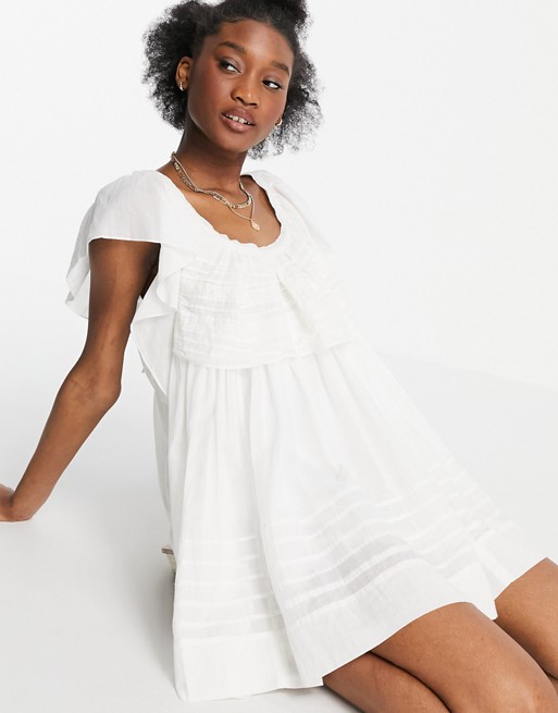Free People hailey mini dress with frill sleeves and textured stripe in white