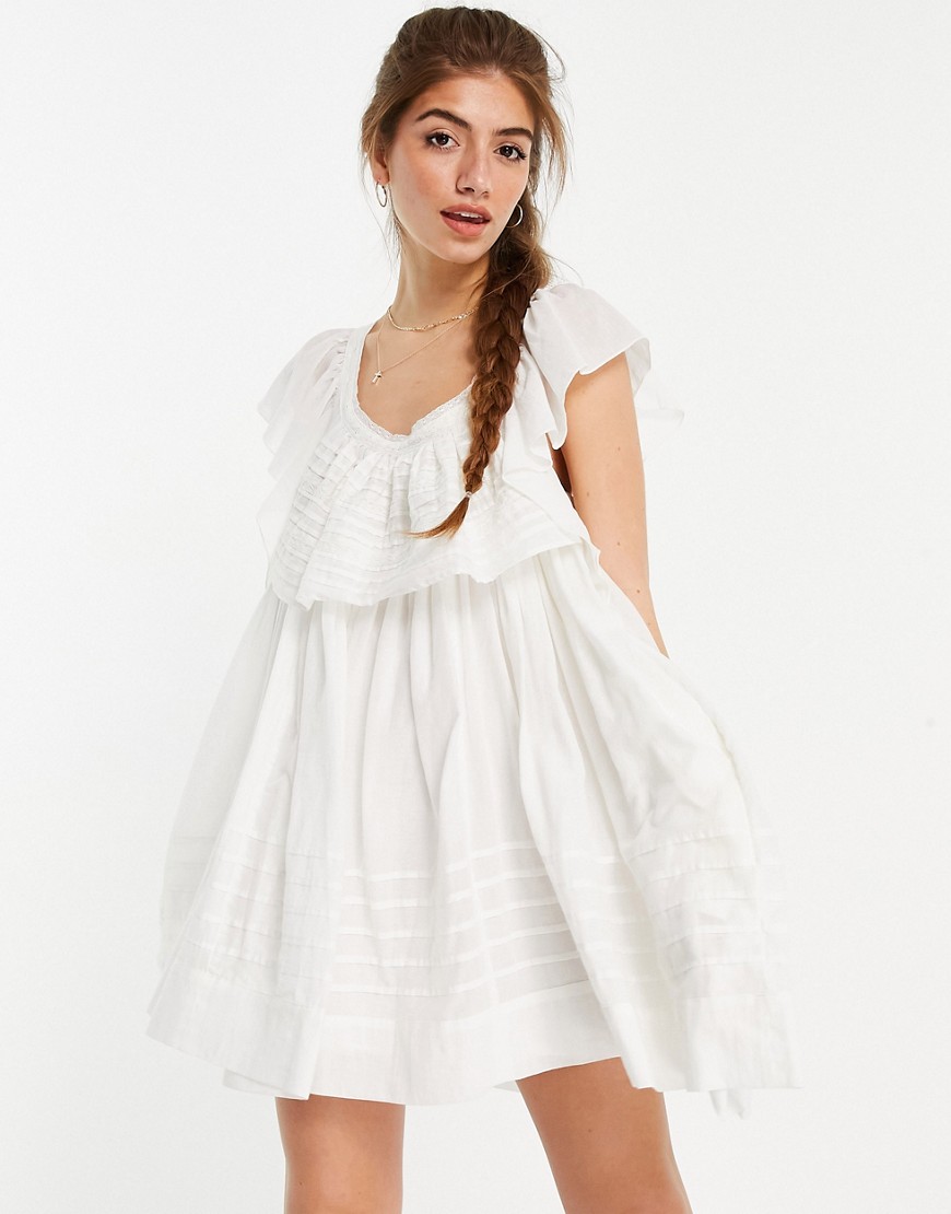 Free People hailey mini dress with frill sleeves and textured stripe-White