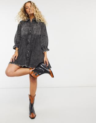 People Hannah denim mini dress in black ...