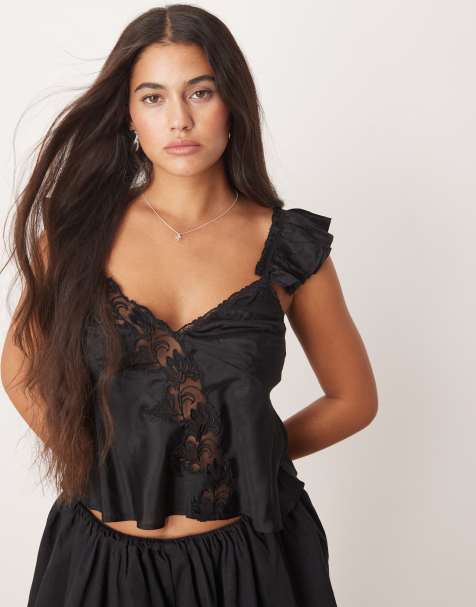Free People harmony satin lace tank in black - view 1