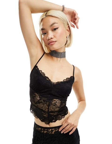 Free People power play lace bust camisole in chocolate, ASOS