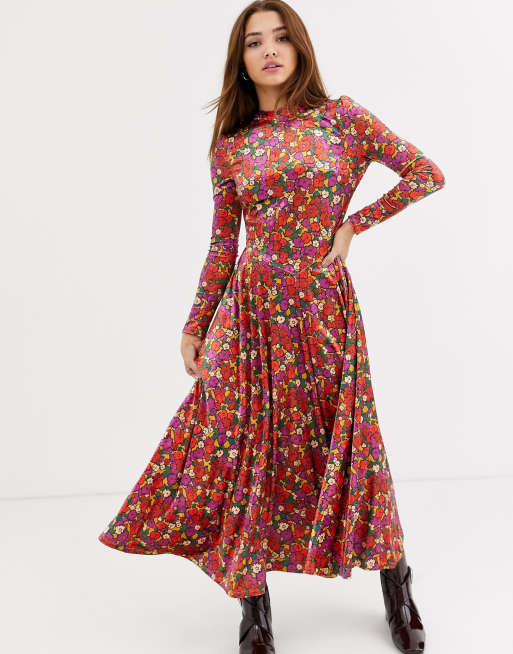 Velvet floral midi clearance dress