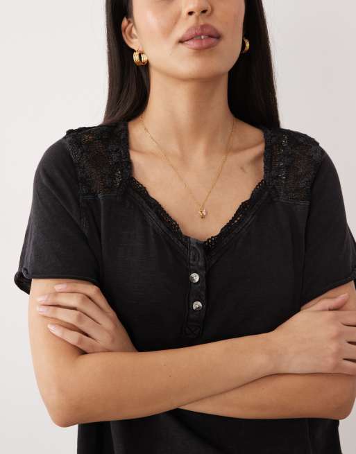 Free People heirloom henley button up tee in black, 3 of 4