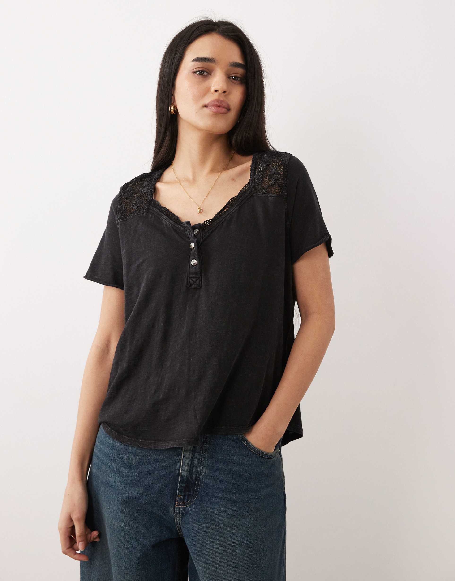 free people heirloom henley neck button up tee in black