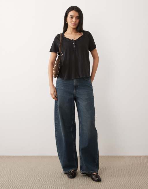 Free People heirloom henley neck button up tee in black, 2 of 4