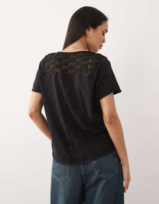 Free People heirloom henley neck button up tee in black, 4 of 4