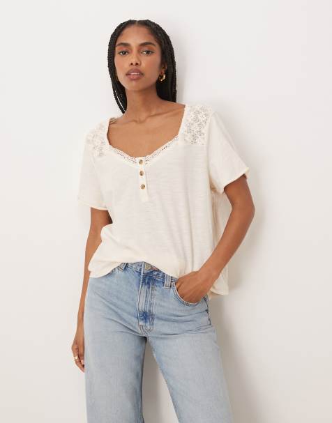 Free People - Heirloom - Henley top met knoopsluiting en kant in crème - view 1