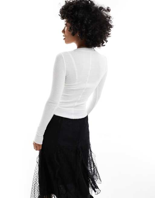 Free People henley button detail long sleeve top in white, 4 of 4