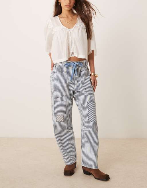 Free People hickory stripe moxie tie-waist jean in slate blue